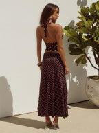 Polka Dot Two Piece Set For Women - White Halter Cowl Neck Top And Ruffled Low High Maxi Skirt - Summer Beach Vacation 2026