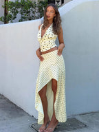 Polka Dot Two Piece Set For Women - White Halter Cowl Neck Top And Ruffled Low High Maxi Skirt - Summer Beach Vacation 2026