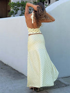 Polka Dot Two Piece Set For Women - White Halter Cowl Neck Top And Ruffled Low High Maxi Skirt - Summer Beach Vacation 2026