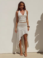 Polka Dot Two Piece Set For Women - White Halter Cowl Neck Top And Ruffled Low High Maxi Skirt - Summer Beach Vacation 2026