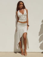 Polka Dot Two Piece Set For Women - White Halter Cowl Neck Top And Ruffled Low High Maxi Skirt - Summer Beach Vacation 2026