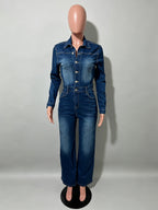 Long Sleeve Denim Jumpsuit For Women - Dark Wash Vintage Slim Fit Straight Leg Button Up Jean Romper - Spring Outdoor 2026