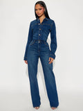 Long Sleeve Denim Jumpsuit For Women - Dark Wash Vintage Slim Fit Straight Leg Button Up Jean Romper - Spring Outdoor 2026
