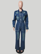 Frayed Trim Denim Jumpsuit For Women - Raw Edge Distressed Wide Leg Bodycon Jean Romper - Spring Casual Streetwear 2026