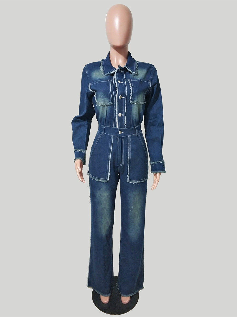 Frayed Trim Denim Jumpsuit For Women - Raw Edge Distressed Wide Leg Bodycon Jean Romper - Spring Casual Streetwear 2026