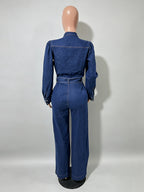 Puff Sleeve Denim Jumpsuit For Women - Dark Blue Retro Wide Leg Belted Button Front Romper - Spring Casual Party Wear 2026