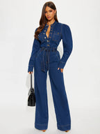 Puff Sleeve Denim Jumpsuit For Women - Dark Blue Retro Wide Leg Belted Button Front Romper - Spring Casual Party Wear 2026