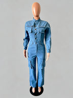 Cargo Denim Jumpsuit For Women - Light Blue Utility Style Accordion Pocket Wide Leg Jean Romper - Spring Streetwear 2026