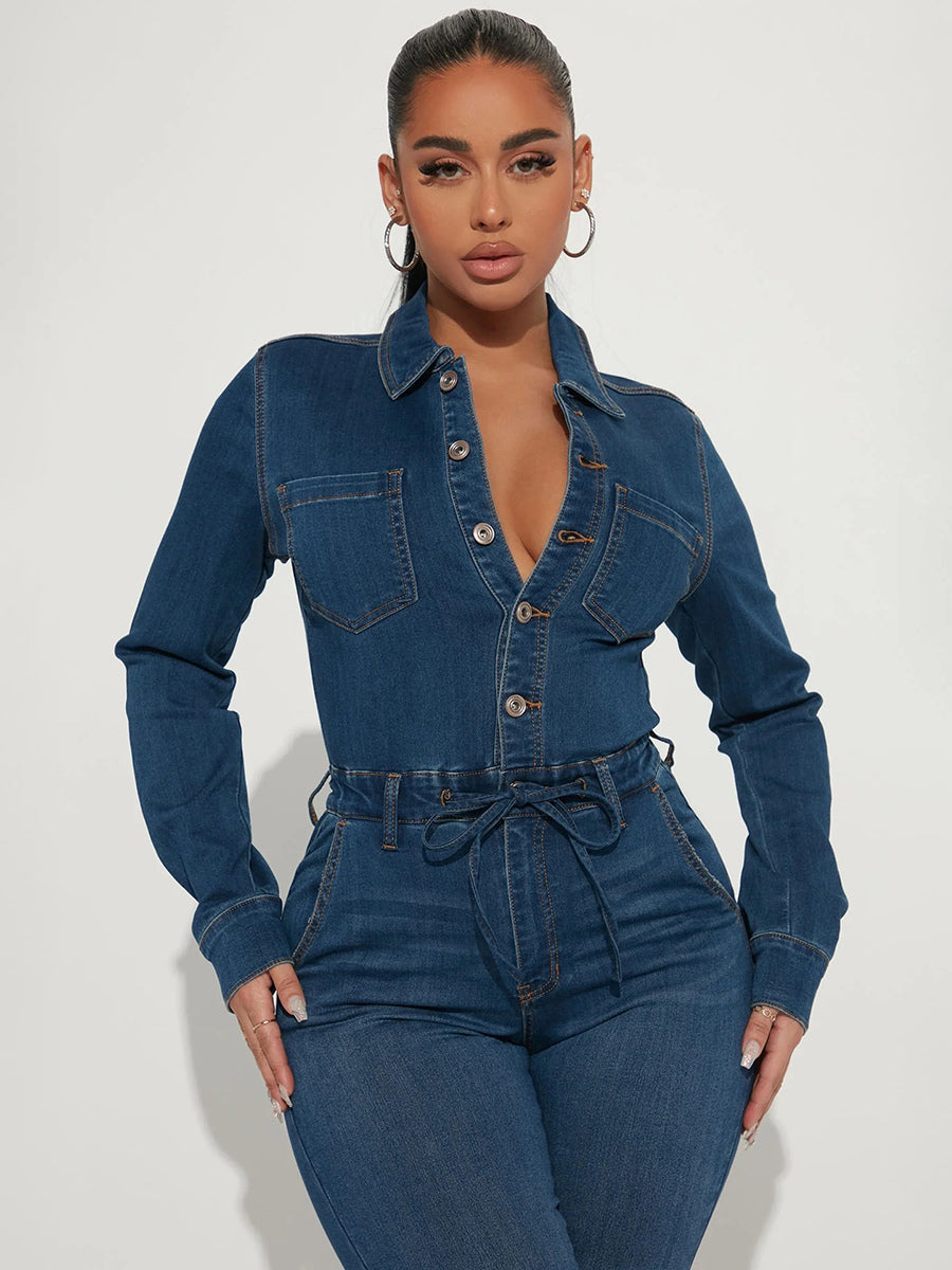 Skinny Denim Jumpsuit For Women - Dark Wash Sexy Bodycon Drawstring Waist Slim Fit Jean Romper - Spring Casual Club 2026