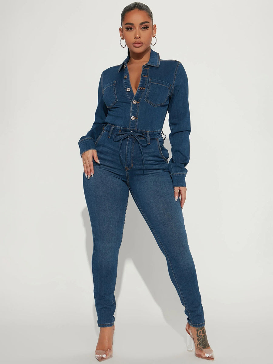 Skinny Denim Jumpsuit For Women - Dark Wash Sexy Bodycon Drawstring Waist Slim Fit Jean Romper - Spring Casual Club 2026