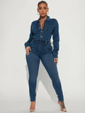 Skinny Denim Jumpsuit For Women - Dark Wash Sexy Bodycon Drawstring Waist Slim Fit Jean Romper - Spring Casual Club 2026