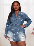 Distressed Denim Mini Dress For Women - Medium Blue Paint Splatter Bodycon Ripped Hem Jean Dress - Spring Night Out 2026