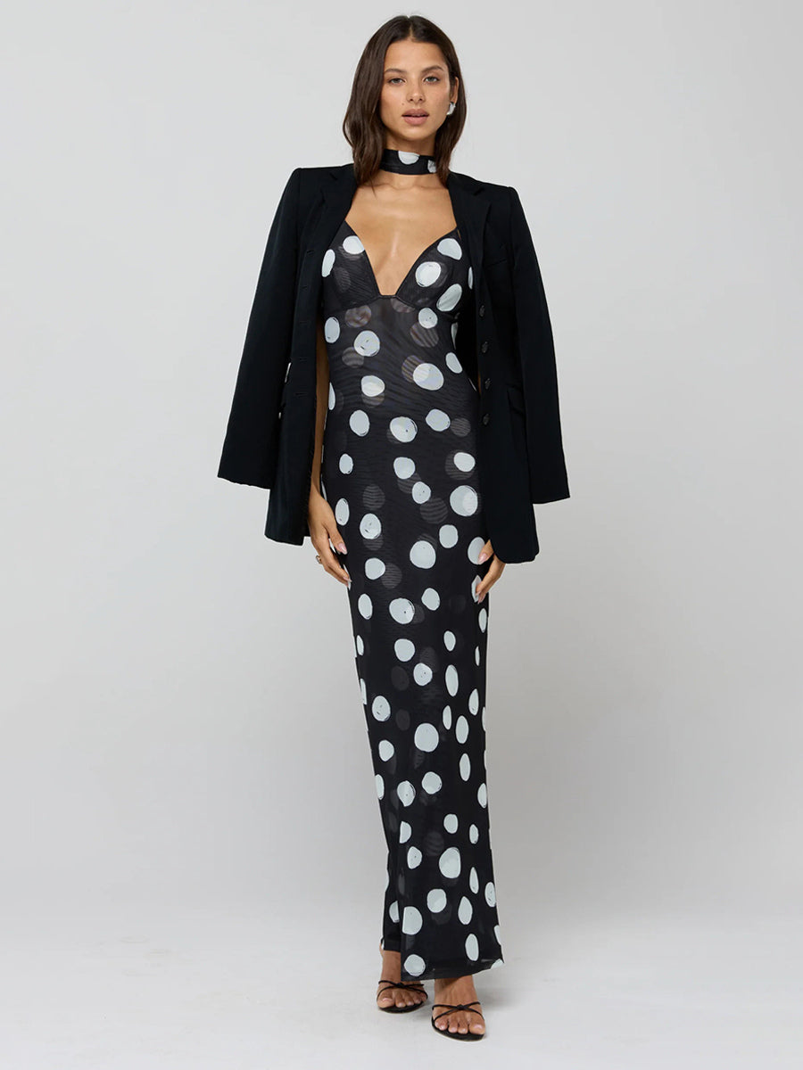 Polka Dot Slip Maxi Dress For Women - Vintage Deep V Neck Backless Bodycon Long Dress With Scarf - Summer Party Night 2026
