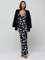 Polka Dot Slip Maxi Dress For Women - Vintage Deep V Neck Backless Bodycon Long Dress With Scarf - Summer Party Night 2026