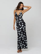 Polka Dot Slip Maxi Dress For Women - Vintage Deep V Neck Backless Bodycon Long Dress With Scarf - Summer Party Night 2026