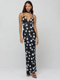 Polka Dot Slip Maxi Dress For Women - Vintage Deep V Neck Backless Bodycon Long Dress With Scarf - Summer Party Night 2026