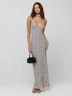 Polka Dot Slip Maxi Dress For Women - Vintage Deep V Neck Backless Bodycon Long Dress With Scarf - Summer Party Night 2026