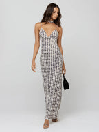 Polka Dot Slip Maxi Dress For Women - Vintage Deep V Neck Backless Bodycon Long Dress With Scarf - Summer Party Night 2026