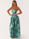 Strapless Printed Maxi Dress For Women - BoHo Bandeau Pleated Drop Waist Long Sundress - Summer Garden Party 2026