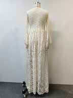 Boho Floral Lace Maxi Dress For Women - Apricot V-Neck Empire Waist Flare Sleeve Long Gown - Spring Beach Resort 2026