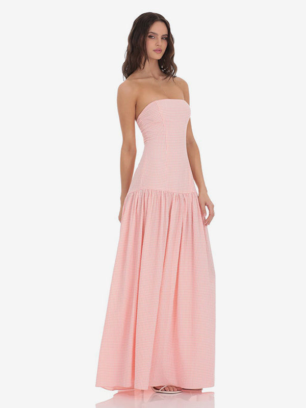 Strapless Gingham Maxi Dress For Women - Plaid Bandeau Drop Waist Long Sundress - Summer Picnic 2026