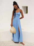 Smocked Backless Maxi Slip Dress For Women - Boho Cutout Front High Slit Sundress - Summer Beach Vacation 2026