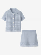 2-Piece Sets Women's Clothing Skirt Set White Elegant Fringe Turndown Long Sleeves Sets