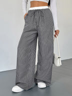 Women's Black White Striped Wide Leg Pants Contrast Elastic Waist Drawstring Casual Trousers