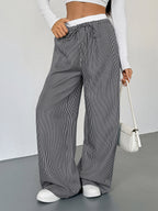 Women's Black White Striped Wide Leg Pants Contrast Elastic Waist Drawstring Casual Trousers
