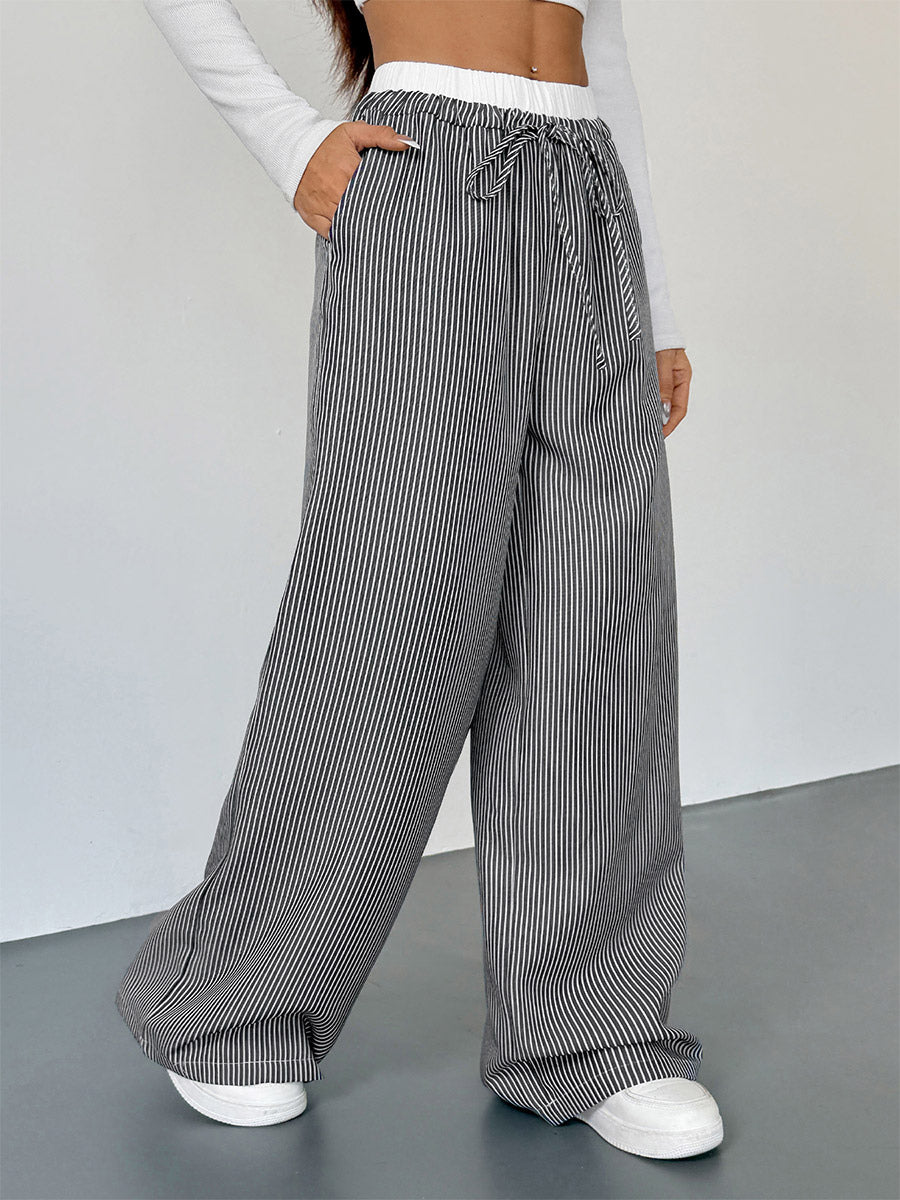 Women's Black White Striped Wide Leg Pants Contrast Elastic Waist Drawstring Casual Trousers