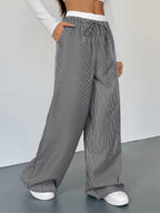 Women's Black White Striped Wide Leg Pants Contrast Elastic Waist Drawstring Casual Trousers