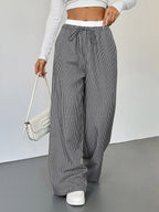 Women's Black White Striped Wide Leg Pants Contrast Elastic Waist Drawstring Casual Trousers