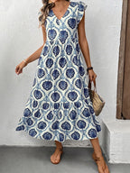 Women's White Blue Medallion Print Tiered Midi Dress V Neck Ruffle Cap Sleeve Casual Summer Dress