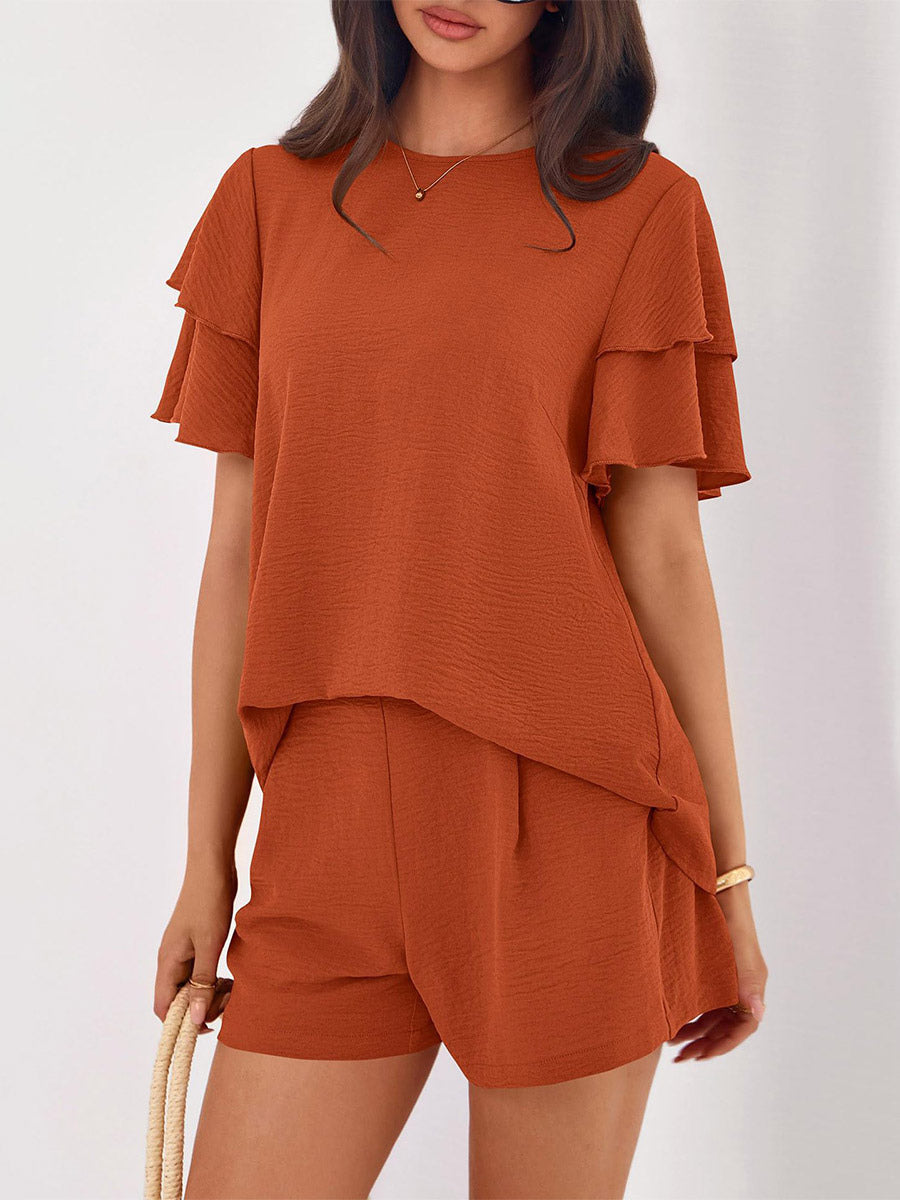 Two Piece Sets Pant Set Black Jewel Neck T-Shirt Sleeves Short Sleeves Sets