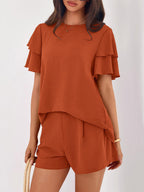 Two Piece Sets Pant Set Black Jewel Neck T-Shirt Sleeves Short Sleeves Sets