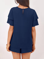 Two Piece Sets Pant Set Black Jewel Neck T-Shirt Sleeves Short Sleeves Sets
