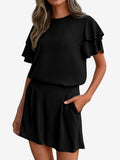Two Piece Sets Pant Set Black Jewel Neck T-Shirt Sleeves Short Sleeves Sets