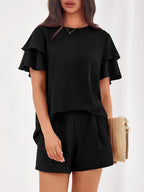 Two Piece Sets Pant Set Black Jewel Neck T-Shirt Sleeves Short Sleeves Sets