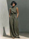 Two Piece Sets Pant Set Maxi Dresses Ecru White High Collar Sleeveless Elegant Sets