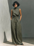 Two Piece Sets Pant Set Maxi Dresses Ecru White High Collar Sleeveless Elegant Sets