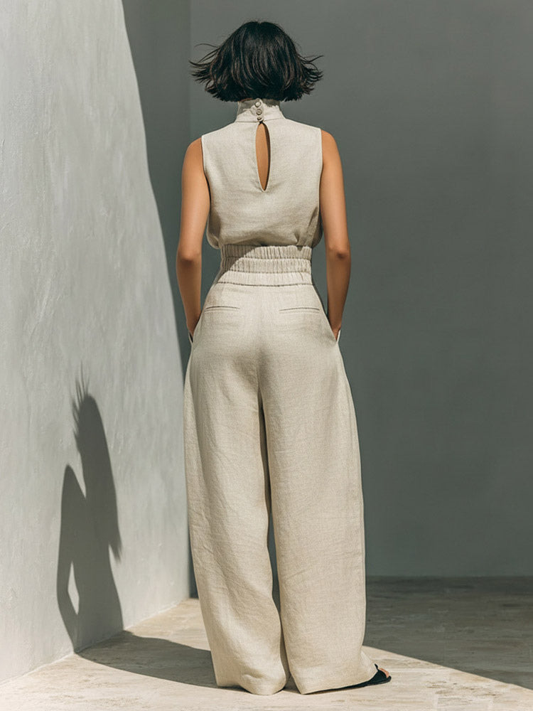 Two Piece Sets Pant Set Maxi Dresses Ecru White High Collar Sleeveless Elegant Sets