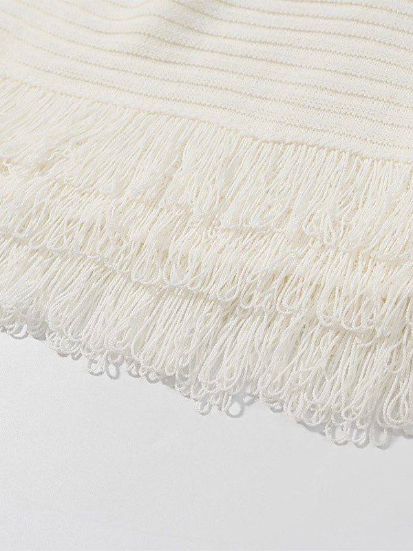 2-Piece Sets Women's Clothing Skirt Set White Elegant Fringe Turndown Long Sleeves Sets