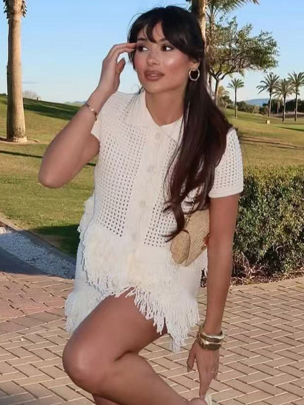 2-Piece Sets Women's Clothing Skirt Set White Elegant Fringe Turndown Long Sleeves Sets