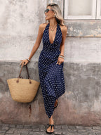 Women's Black White Polka Dot Halter Maxi Dress Deep V Neck Sleeveless Flowy Summer Dress