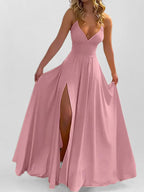 Blush Pink V Neck Sling Maxi Dress With High Slit For Women