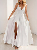 Blush Pink V Neck Sling Maxi Dress With High Slit For Women