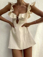 Cream Ruffled Square Neck Mini Dress For Women