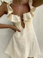 Cream Ruffled Square Neck Mini Dress For Women
