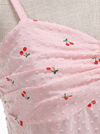 Pink Cherry Print Halter A Line Midi Dress For Women Sweet Summer
