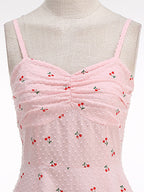 Pink Cherry Print Halter A Line Midi Dress For Women Sweet Summer